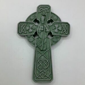 Celtic Cross With Saint Patrick Green Resin Vintage Wall Hanging